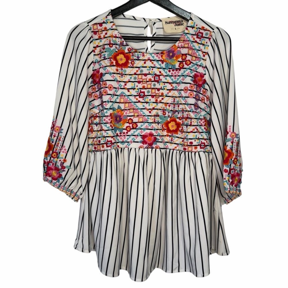 Savanna Jane Boho Floral Embroidered Striped Peplum Top size Small Flowy Blouse